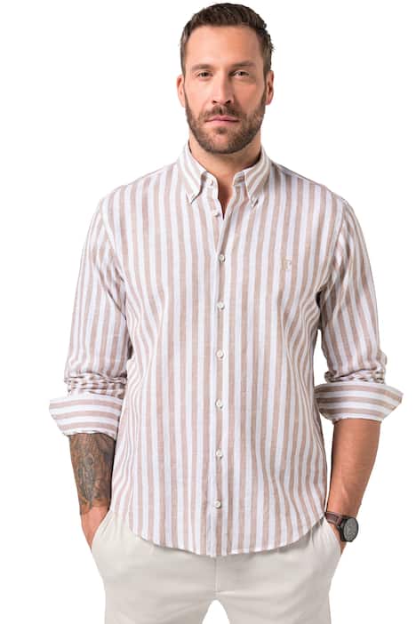 Pruhovaná košile JP1880, len, dlouhé rukávy, límeček s knoflíky, Modern střih, do 8XL