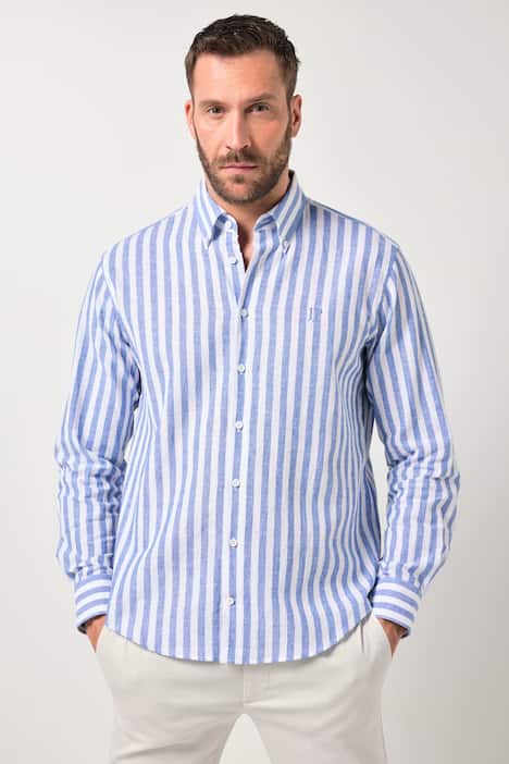 Chemise JP 1880 en lin mélangé à rayures, manches longues et col à pointes boutonnées, coupe Modern Fit - jusqu'au 8 XL