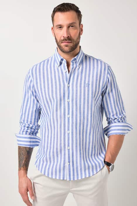 Chemise JP 1880 en lin mélangé à rayures, manches longues et col à pointes boutonnées, coupe Modern Fit - jusqu'au 8 XL