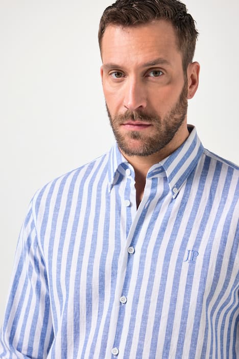 Chemise JP 1880 en lin mélangé à rayures, manches longues et col à pointes boutonnées, coupe Modern Fit - jusqu'au 8 XL