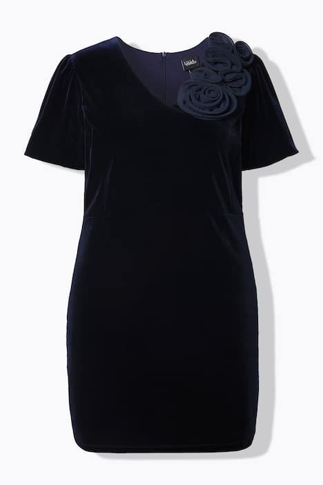 Robe en velours près du corps, manches courtes bouffantes et roses 3D