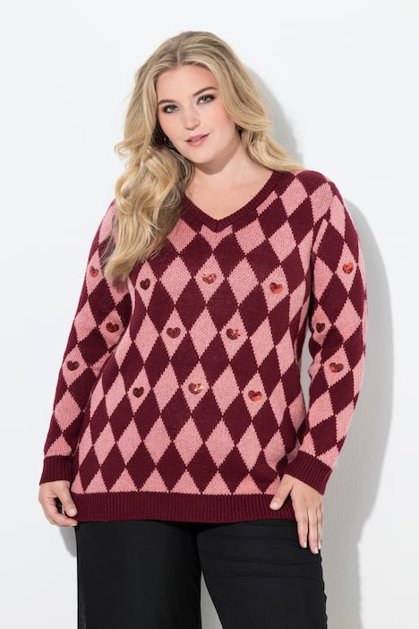 Pullover, Rhombenmuster, Pailletten-Herzen