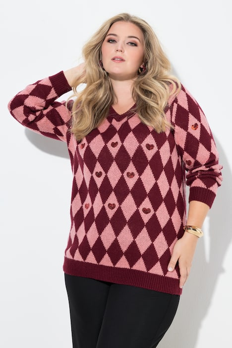 Pullover, Rhombenmuster, Pailletten-Herzen