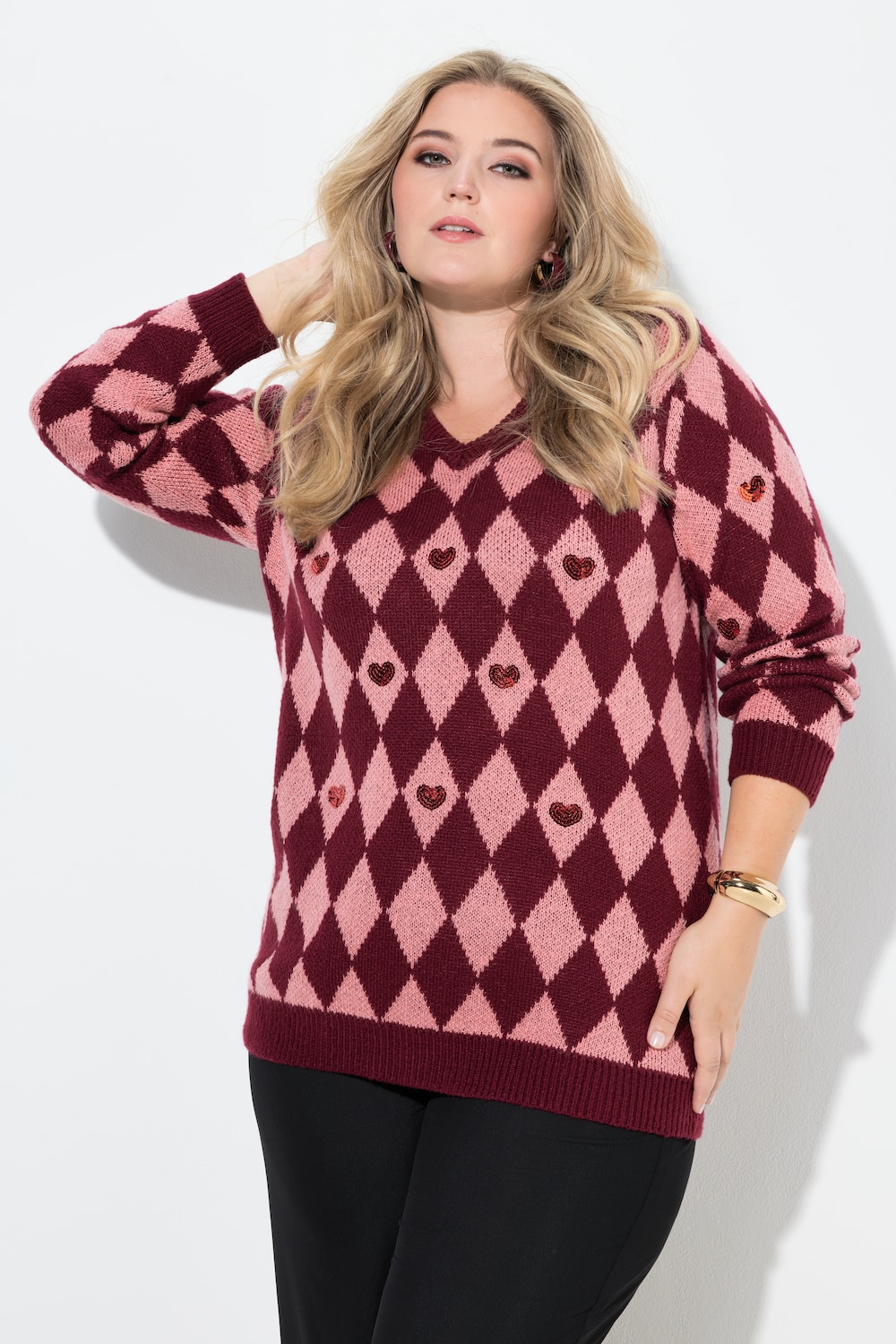 Pullover, Rhombenmuster, Pailletten-Herzen