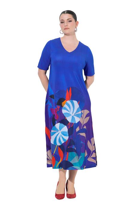 Midi šaty, květinový vzor, V výstřih, polodlouhé rukávy, splývavé piqué