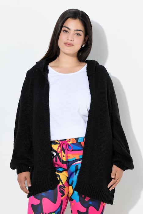 Kapuzen-Strickjacke, Straight Fit, Ballon-Langarm