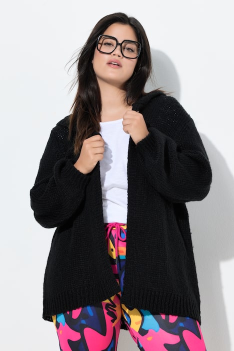 Kapuzen-Strickjacke, Straight Fit, Ballon-Langarm