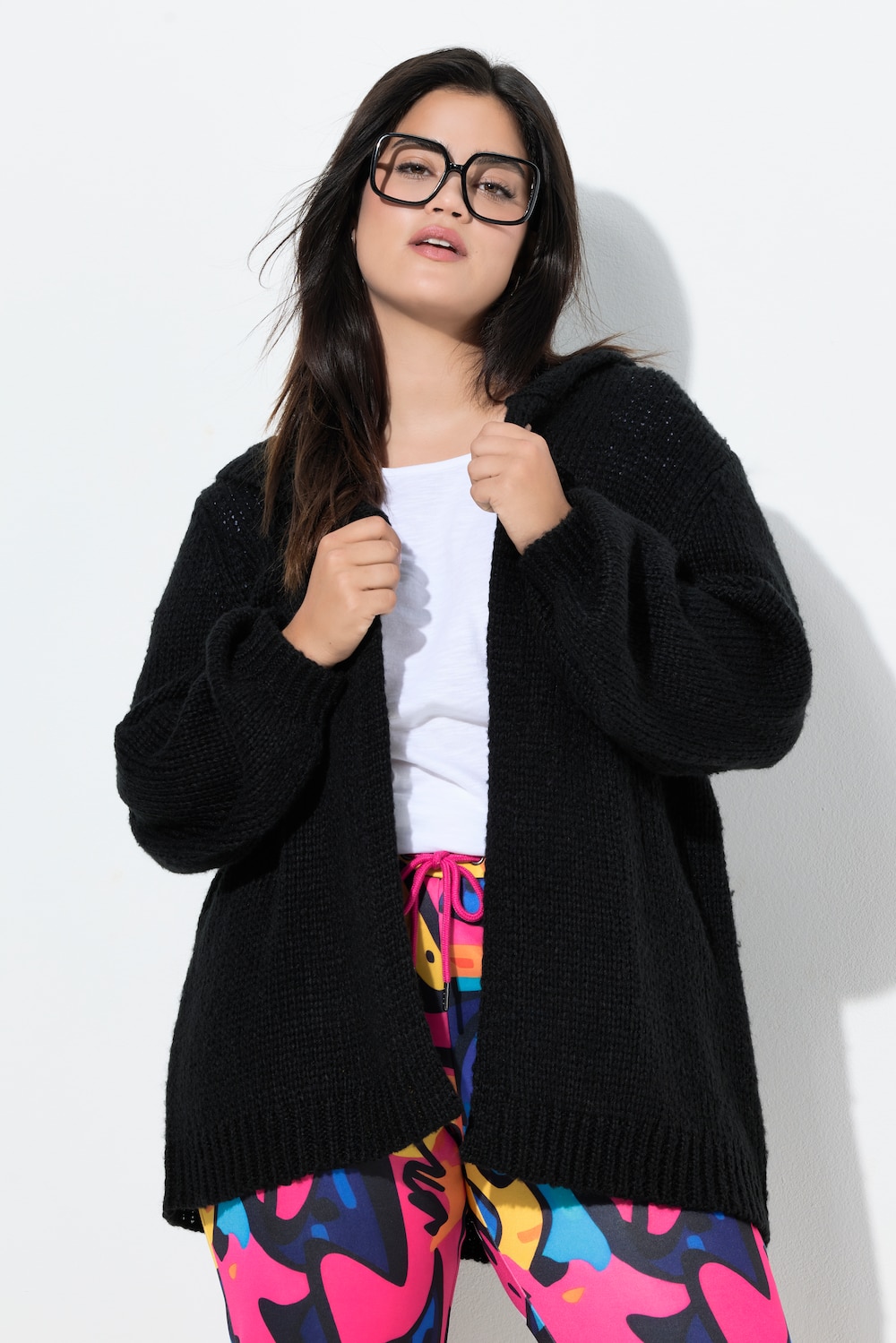 Kapuzen-Strickjacke, Straight Fit, Ballon-Langarm