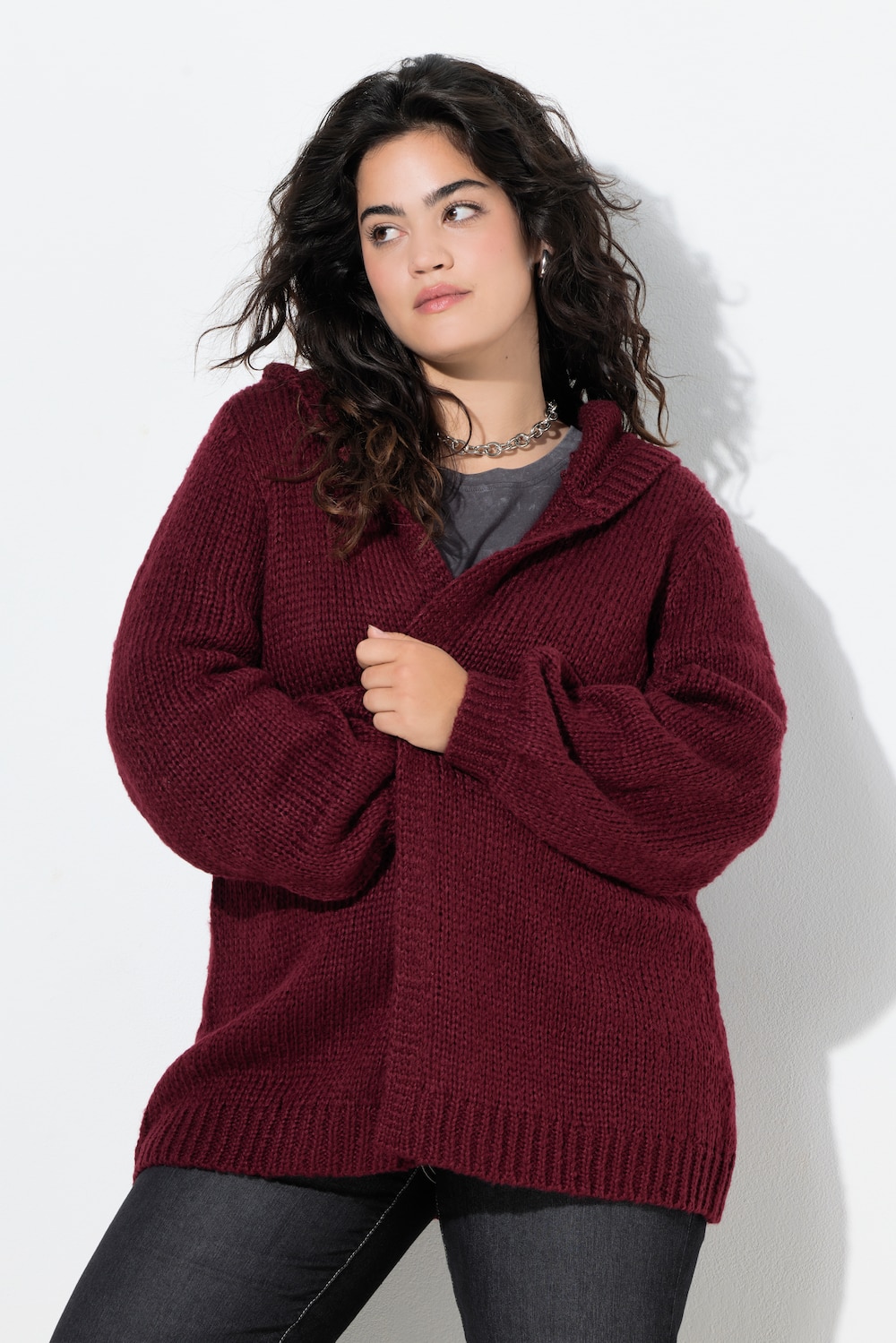 Kapuzen-Strickjacke, Straight Fit, Ballon-Langarm