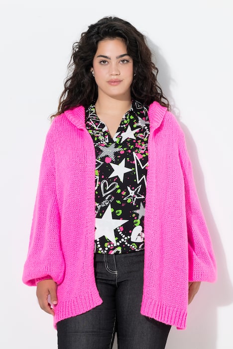 Kapuzen-Strickjacke, Straight Fit, Ballon-Langarm