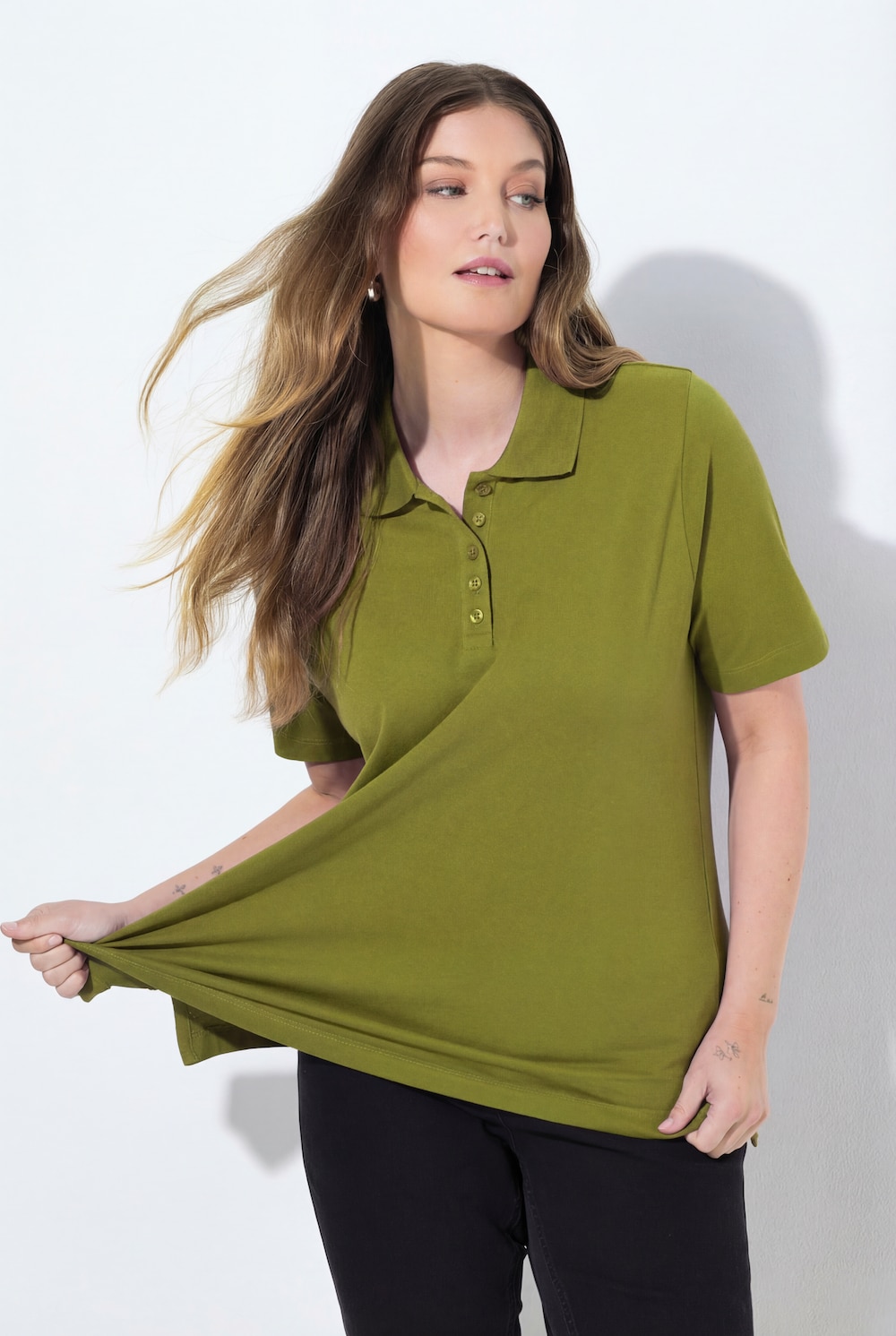 Poloshirt, längere Knopfleiste, Polokragen, Halbarm