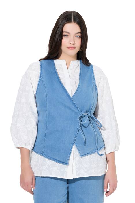 Džínová vesta, zavinovací vzhled, výstřih do V, biobavlna