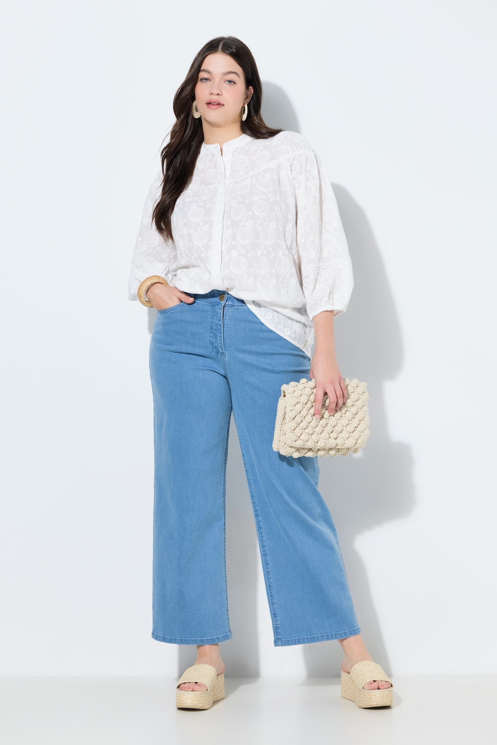 Culotte-bukser i denim, brede ben, elastisk linning, økobomuld