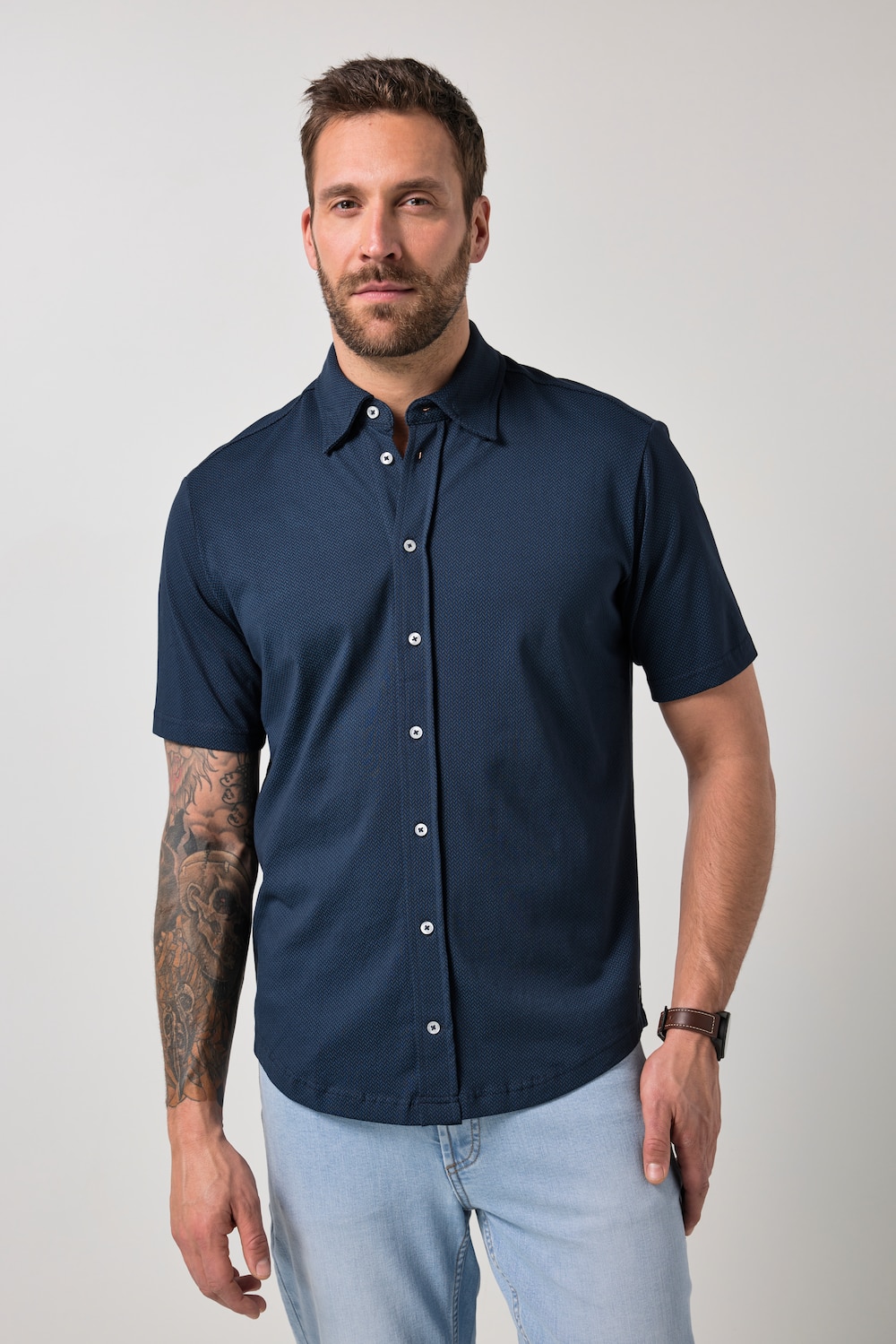 jersey overhemd, korte mouw, verborgen buttondown-kraag, all-over print, modern fit, tot 8XL