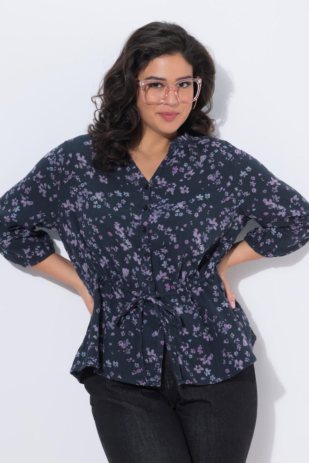 Mousseline blouse, bloemen, A-lijn, V-hals, 3/4-mouwen