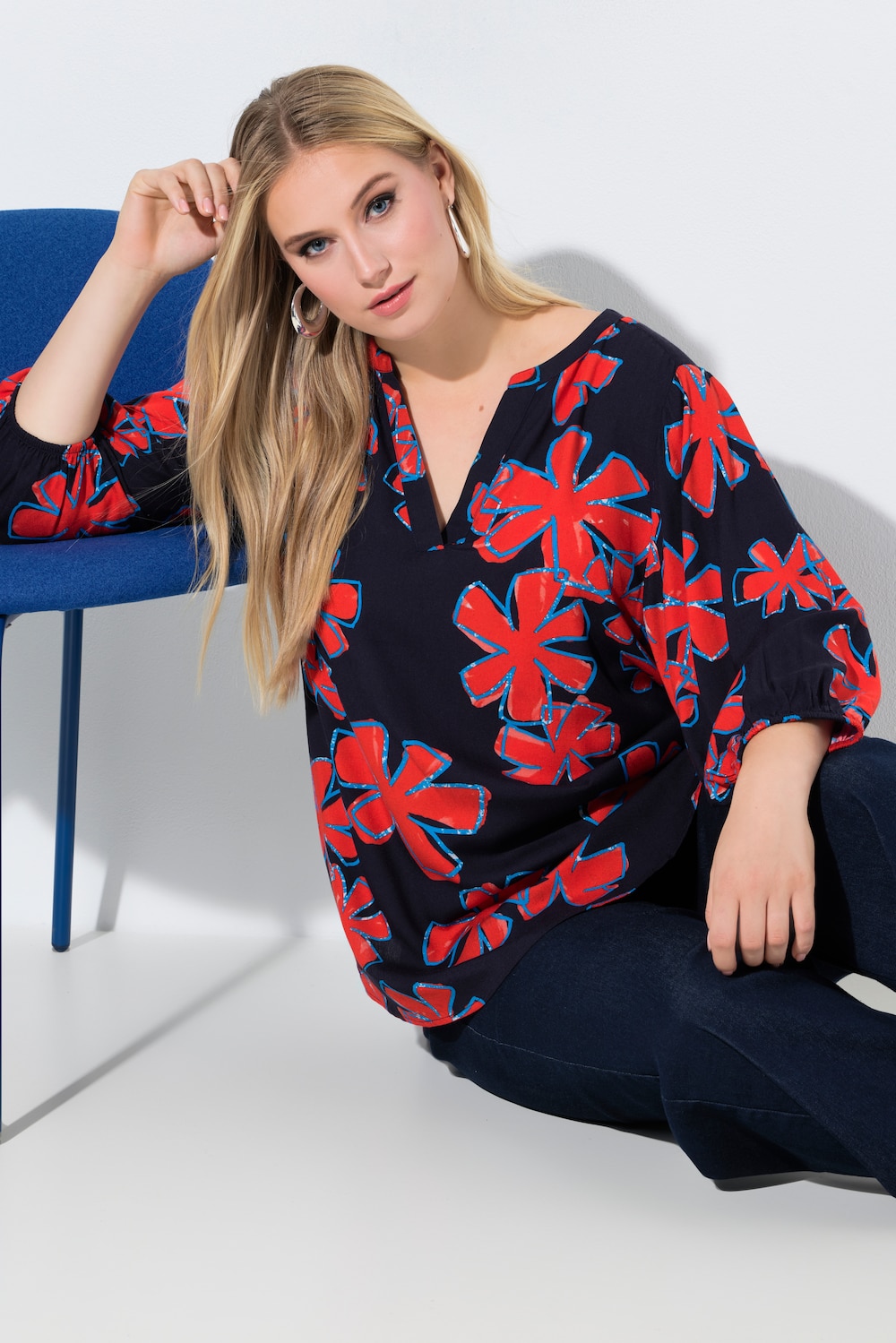 Tuniek, bloemen, A-lijn, ronde hals, 3/4-ballonmouwen