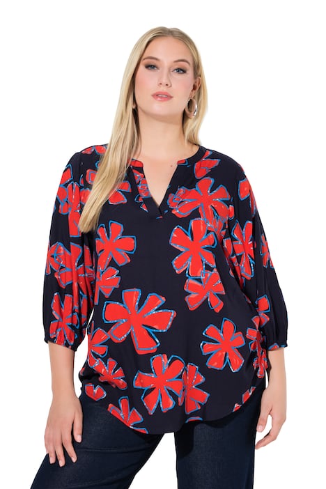 Tunika, květy, A střih, kulatý výstřih, 3/4 balónové rukávy