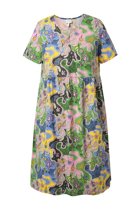 Midi šaty, květy, kulatý výstřih, krátké rukávy, biobavlna