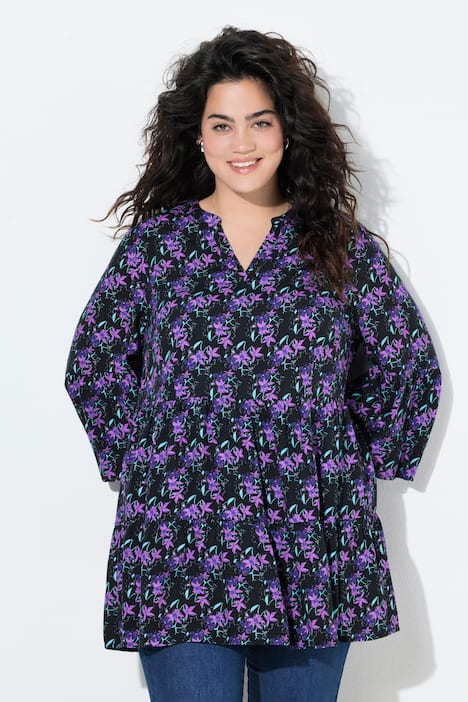 Blouse, A-lijn, bloemenmotief, 3/4-mouwen, volants