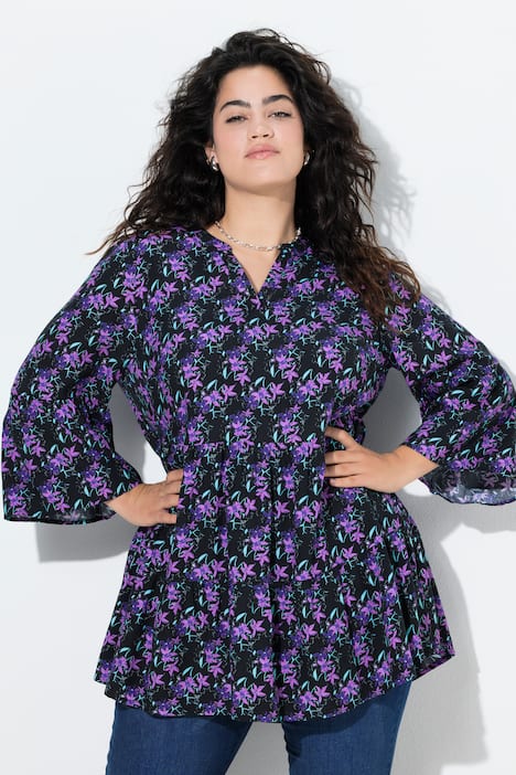Blouse, A-lijn, bloemenmotief, 3/4-mouwen, volants