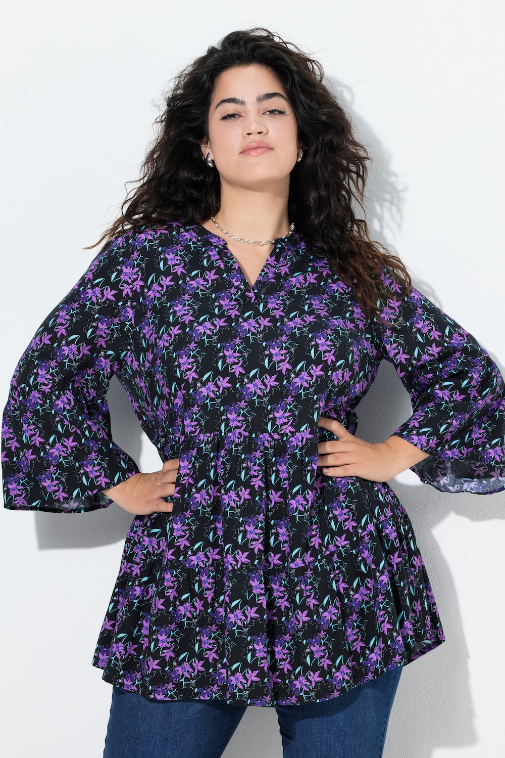 Blouse, A-lijn, bloemenmotief, 3/4-mouwen, volants