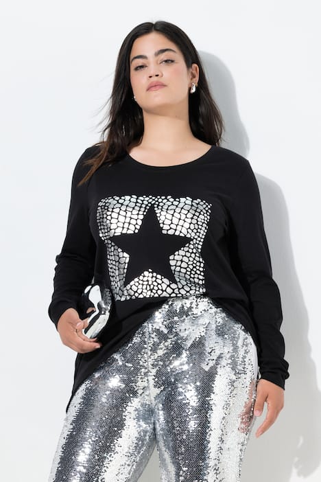 T-Shirt, A-Linie, Metallic-Stern, Langarm