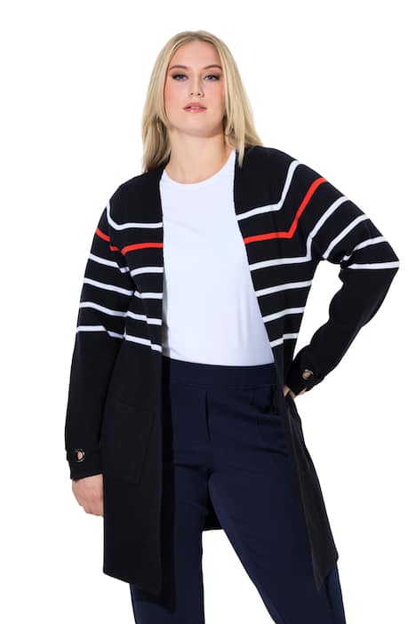 Dlouhý rozepínací svetr, pruhy, výstřih do V, dlouhé rukávy