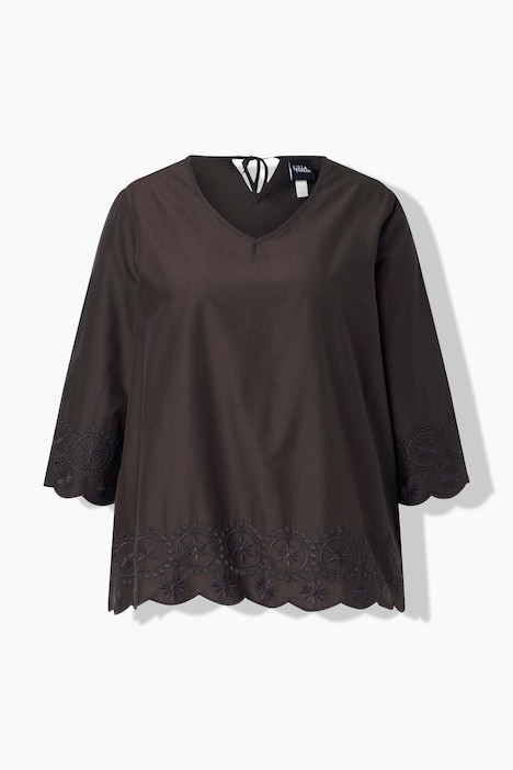 Hemdbluse, Stickerei, V-Ausschnitt, 3/4-Arm, Biobaumwolle