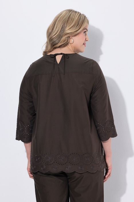 Hemdbluse, Stickerei, V-Ausschnitt, 3/4-Arm, Biobaumwolle