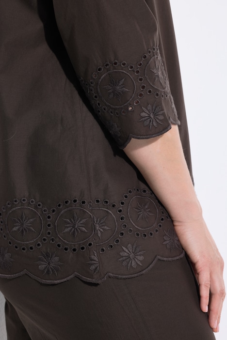 Hemdbluse, Stickerei, V-Ausschnitt, 3/4-Arm, Biobaumwolle