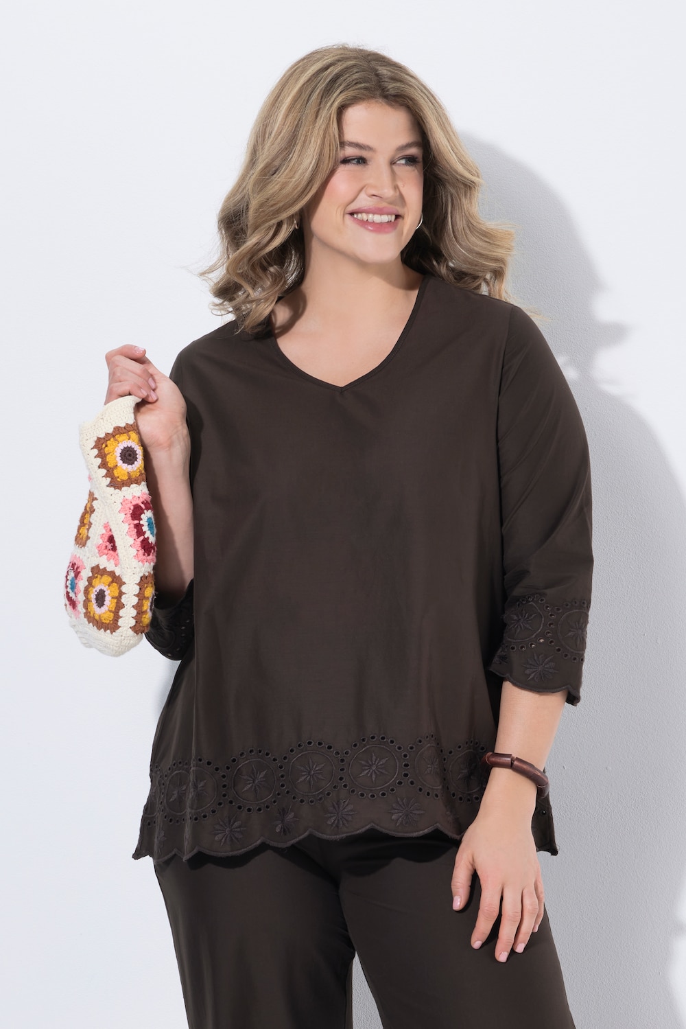 Hemdbluse, Stickerei, V-Ausschnitt, 3/4-Arm, Biobaumwolle