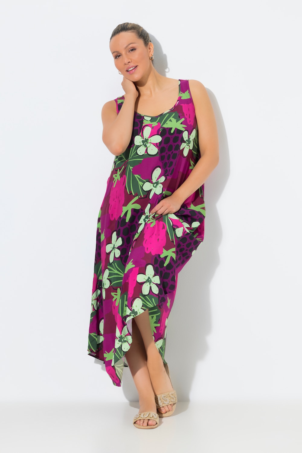 Midikjole, blomster, A-form, rund hals, ærmeløs