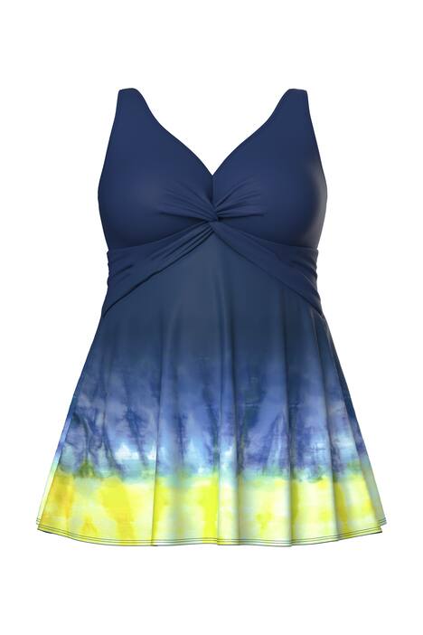 Plavkové šaty, batikovaný potisk, měkké košíčky, řasení, recyklovaný materiál