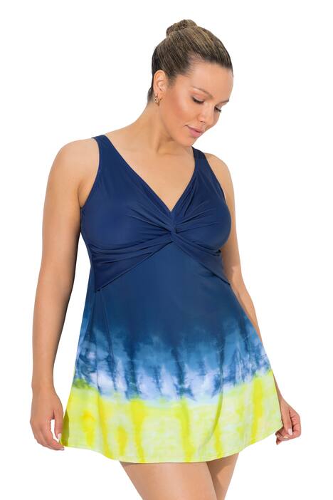 Plavkové šaty, batikovaný potisk, měkké košíčky, řasení, recyklovaný materiál