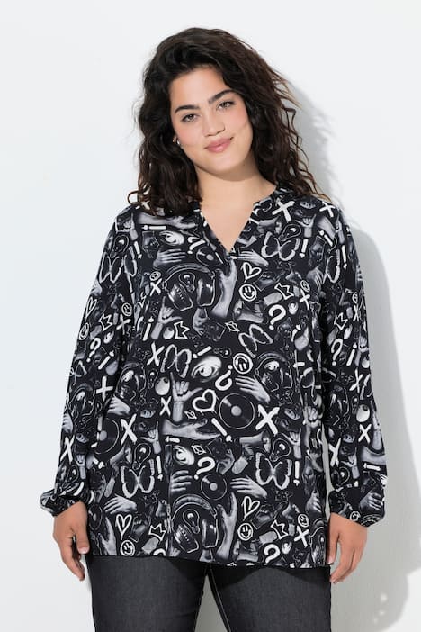 Bluse, A-Linie, Alloverdruck, Langarm