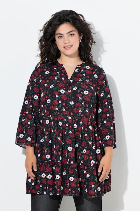 Bluse, A-Linie, Blüten, 3/4-Ärmel, Volants