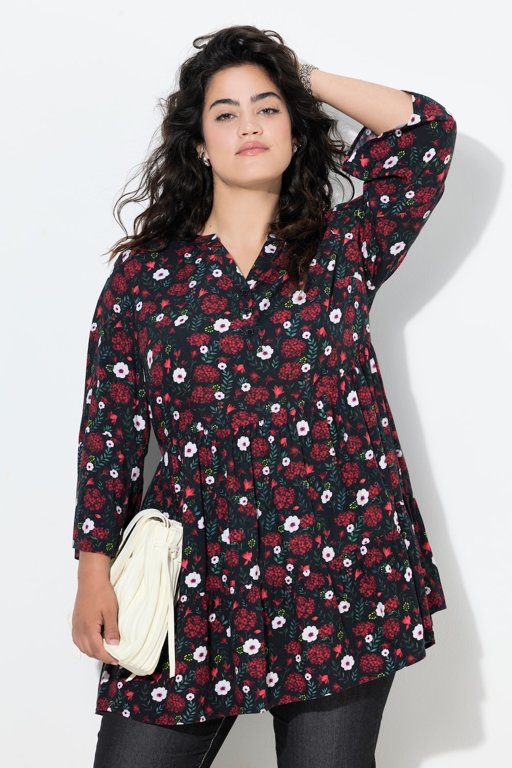 Bluse, A-Linie, Blüten, 3/4-Ärmel, Volants