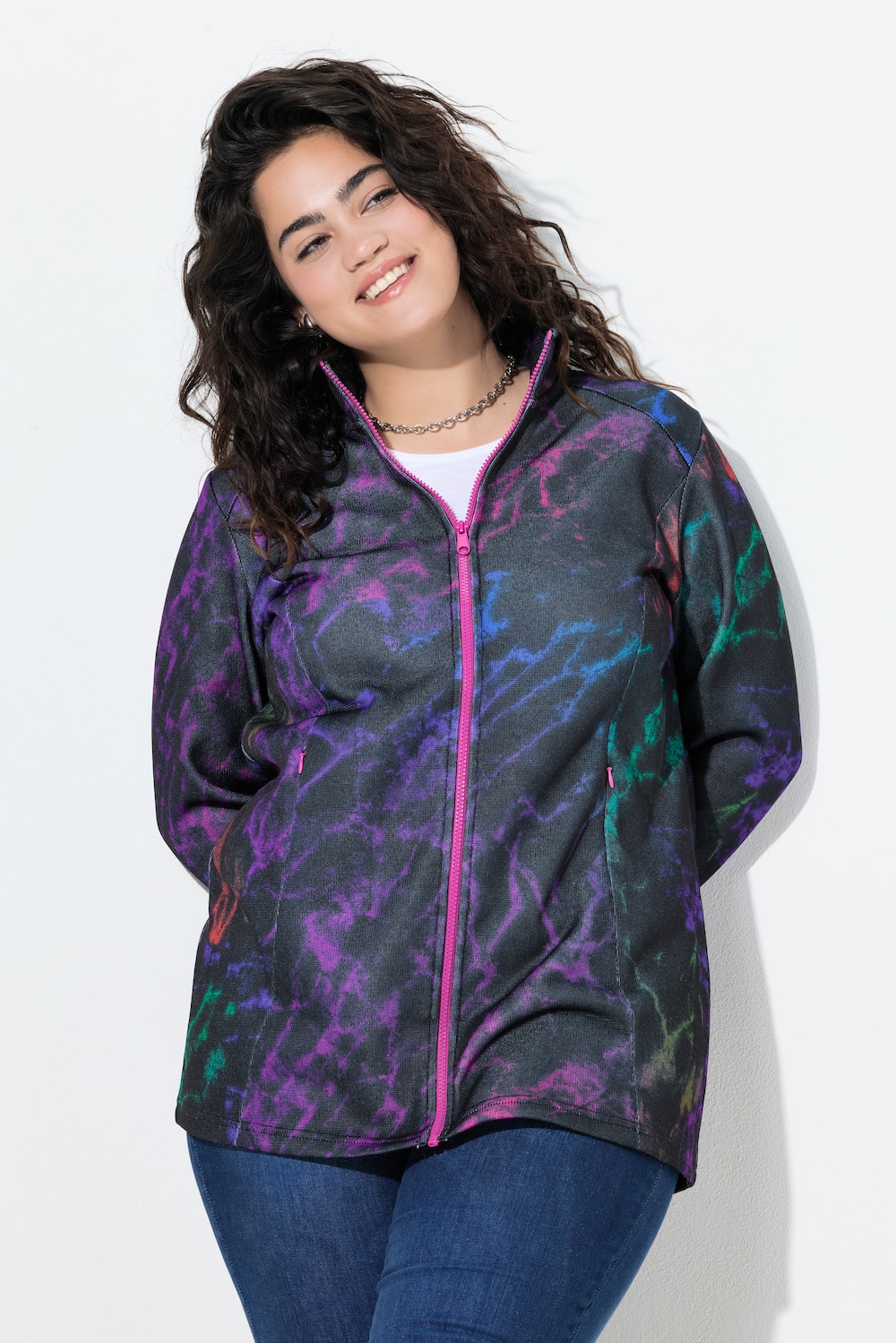 Strickfleece-Jacke, farbiger Alloverdruck