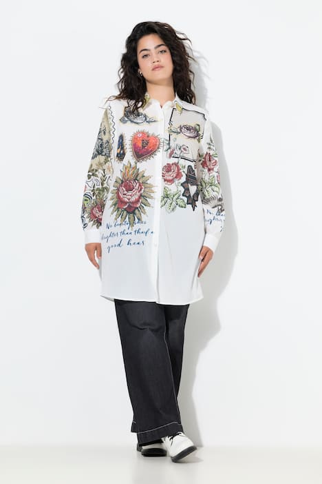 Blusa camisera, línea A, estampados en los hombros y mangas