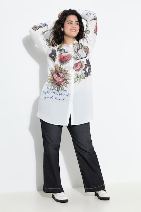 Blusa camisera, línea A, estampados en los hombros y mangas