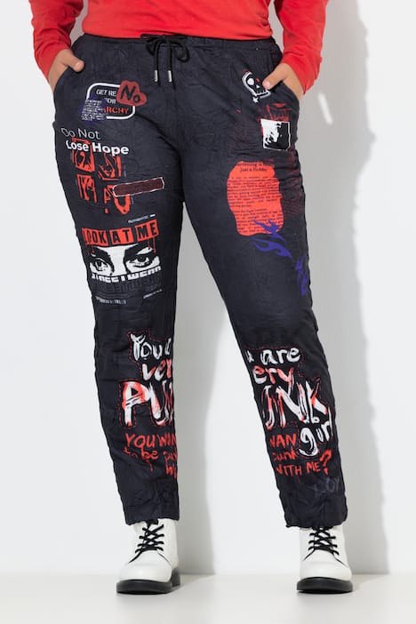 Pantalón, ajuste holgado, jogging, efecto plisado, estampado completo
