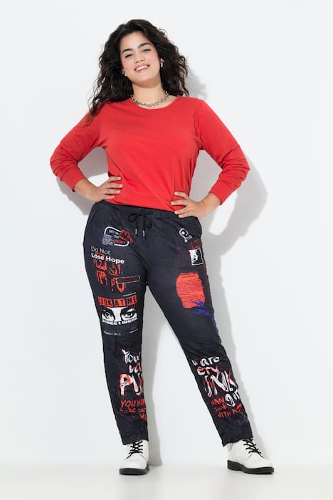 Pantalón, ajuste holgado, jogging, efecto plisado, estampado completo