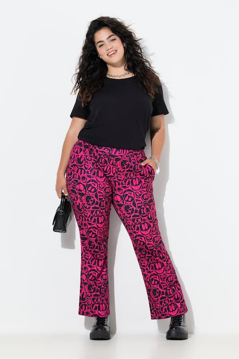 Pantaloni in jersey scuba con taglio scampanato e Smiley