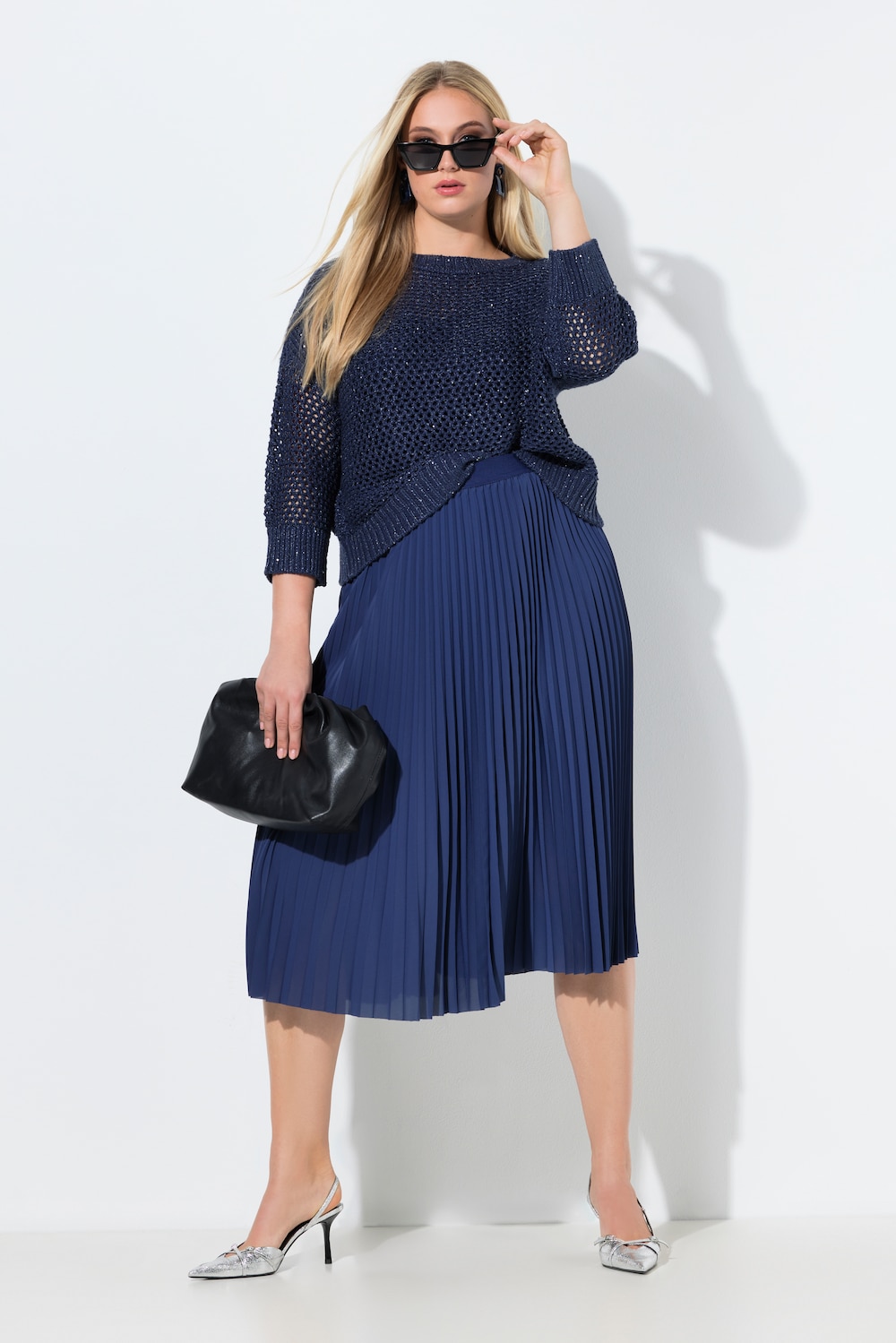 Geplooide midi-rok, A-lijn, elastische tailleband