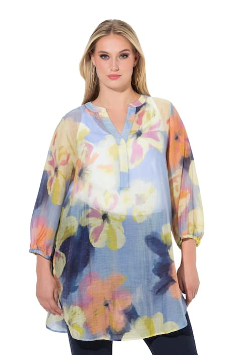 Lyocellová tunika, květy, tunikový výstřih, 3/4 balónové rukváy