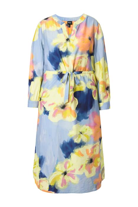 Maxi šaty, květy, A střih, tunikový výstřih, dlouhé rukávy