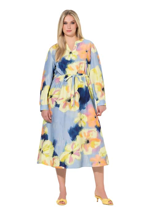 Maxi šaty, květy, A střih, tunikový výstřih, dlouhé rukávy