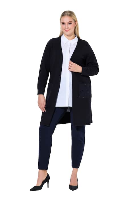 Dlouhý rozepínací svetr, flitry, výstřih do V, dlouhé rukávy