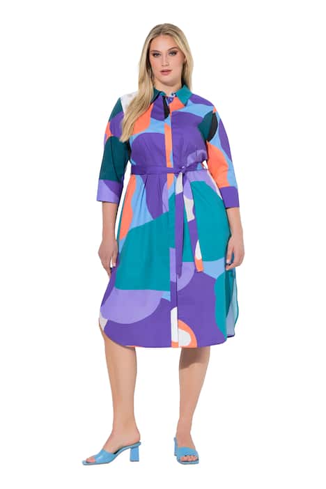 Košilové midi šaty, A střih, grafický vzor, límeček, 3/4 rukávy