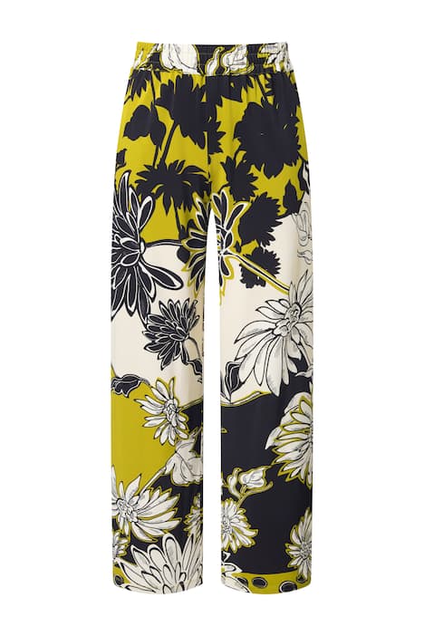 Splývavé piqué kalhoty, květinový vzor, široké nohavice, elastický pas